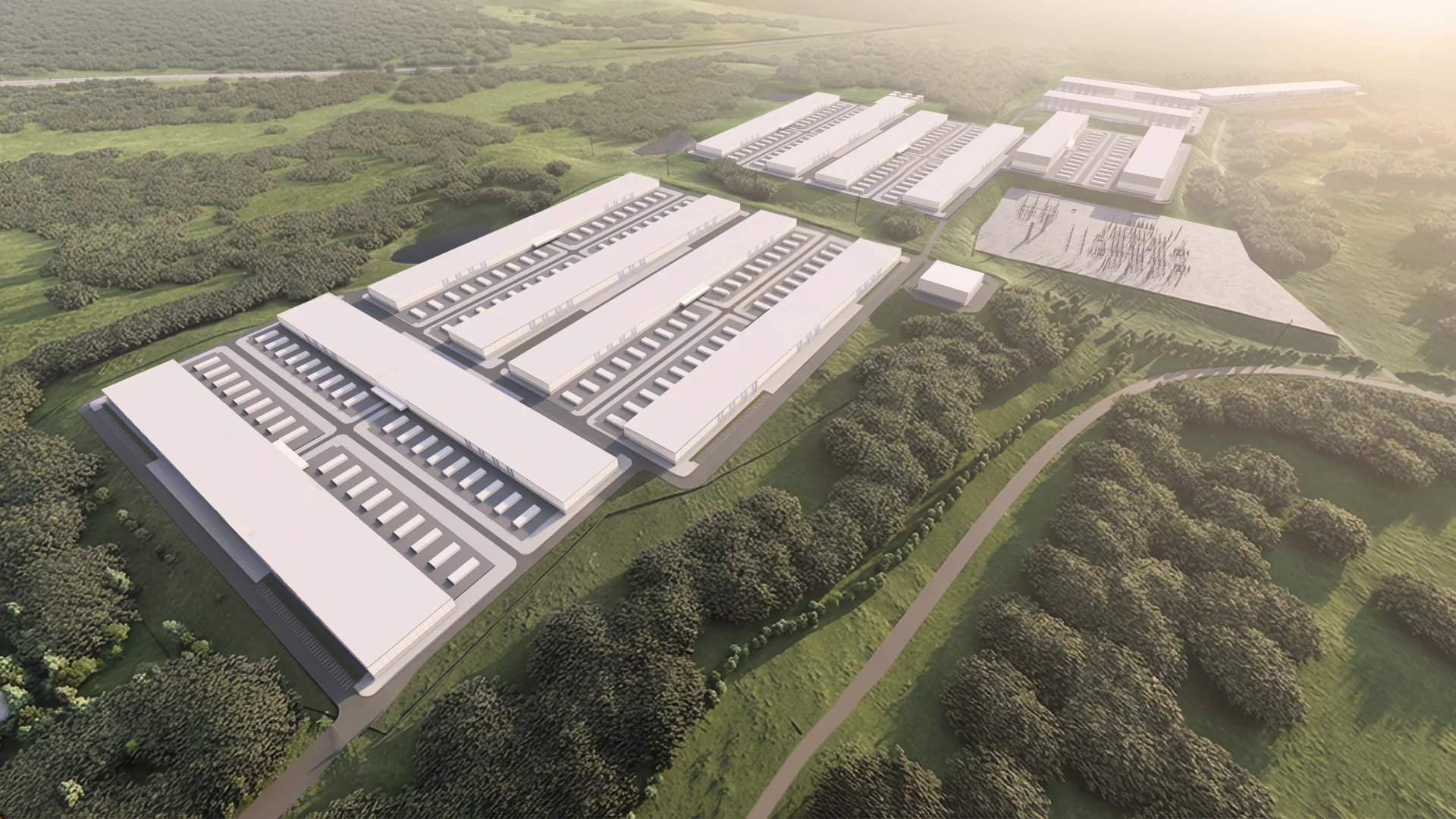 Aerial rendering of the proposed Pottawatomie Stride campus and surrounding landscape